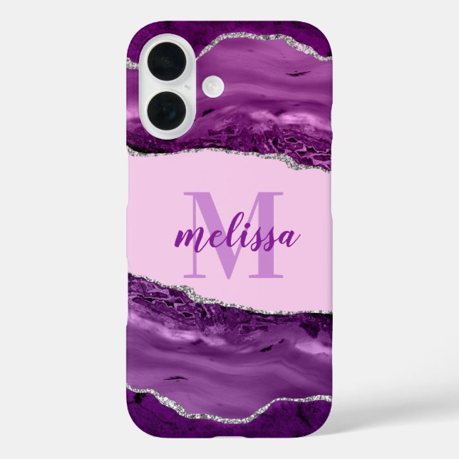 Funda iPhone 16 Purple Agate with Silver Glitter Monogrammed  Case (Reverso )