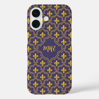 Funda iPhone 16 Purple and gold fleur-de-lys quatrefoil pattern