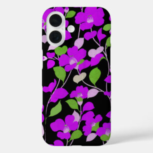 Funda iPhone 16 PURPLE CAMELLIAS, BLANCO VERDE DEJA Floral NEGRA