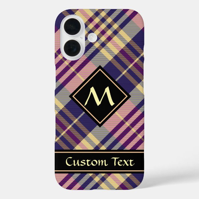 Funda iPhone 16 Púrpura, dorada y azul Tartán (Reverso )