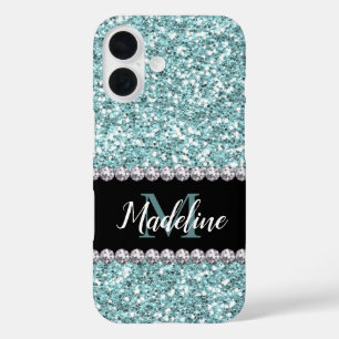 Funda iPhone 16 Purpurina azul claro y joyas con nombre y monogram