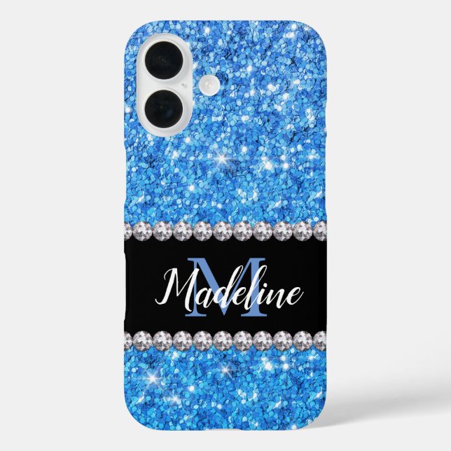 Funda iPhone 16 Purpurina azul espumoso y gemas con nombre y monog (Reverso )