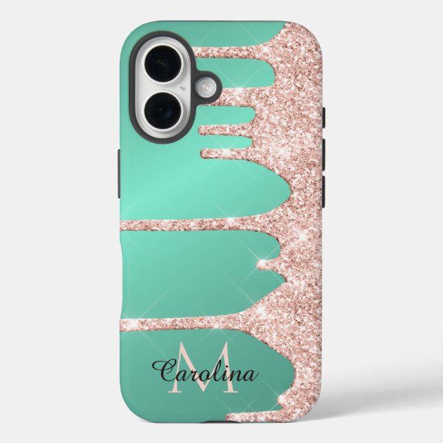 Funda iPhone 16 Purpurina de goteo rosado en Verde azulado (Reverso )