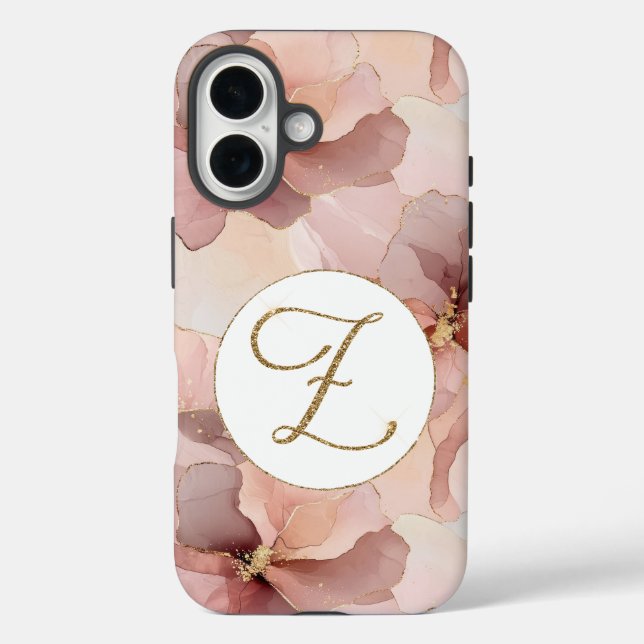 Funda iPhone 16 Purpurina de oro floral rosa Rubor letra Z (Reverso )