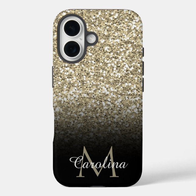 Funda iPhone 16 Purpurina de oro, negro, personalizado (Reverso )