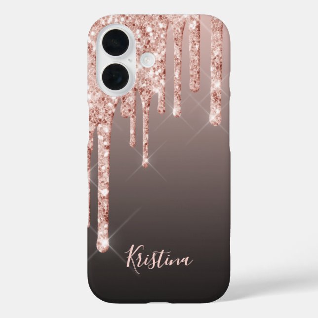 Funda iPhone 16 purpurina de oro Rosa goteo cobre nombre sombrío n (Reverso )