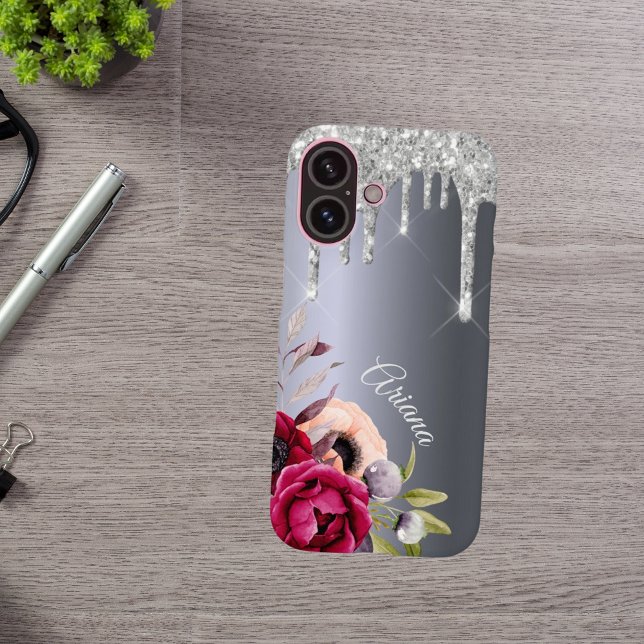Funda iPhone 16 Purpurina de plata goteo flores de borgoña metálic (Subido por el creador)