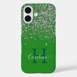 Funda iPhone 16 Purpurina de Plata, Green Forestal, Personalizado.