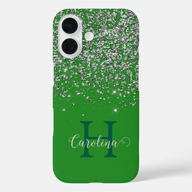 Funda iPhone 16 Purpurina de Plata, Green Forestal, Personalizado. (Reverso )