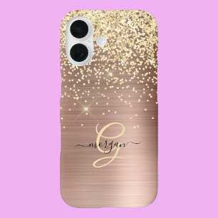 Funda iPhone 16 Purpurina dorada, monograma dorado, nombre en letr