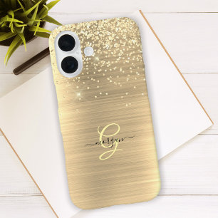 Funda iPhone 16 Purpurina dorada y monograma, nombre en letra curs