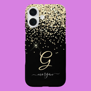 Funda iPhone 16 Purpurina dorada y nombre con letra cursiva blanca