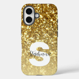 Funda iPhone 16 Purpurina Girly Gold Sparkles Monograma Nombre de 