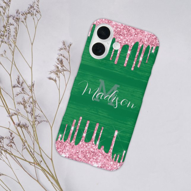 Funda iPhone 16 Purpurina Girona Perforación Verde Rosa Monograma  (Subido por el creador)