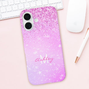 Funda iPhone 16 Purpurina Morada, Nombre y Monograma en Letra Scri