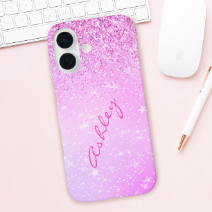 Funda iPhone 16 Purpurina morado y estrellas blancas, nombre del g