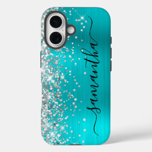 Funda iPhone 16 Purpurina plateado Aqua Blue Metallic Girly Signat