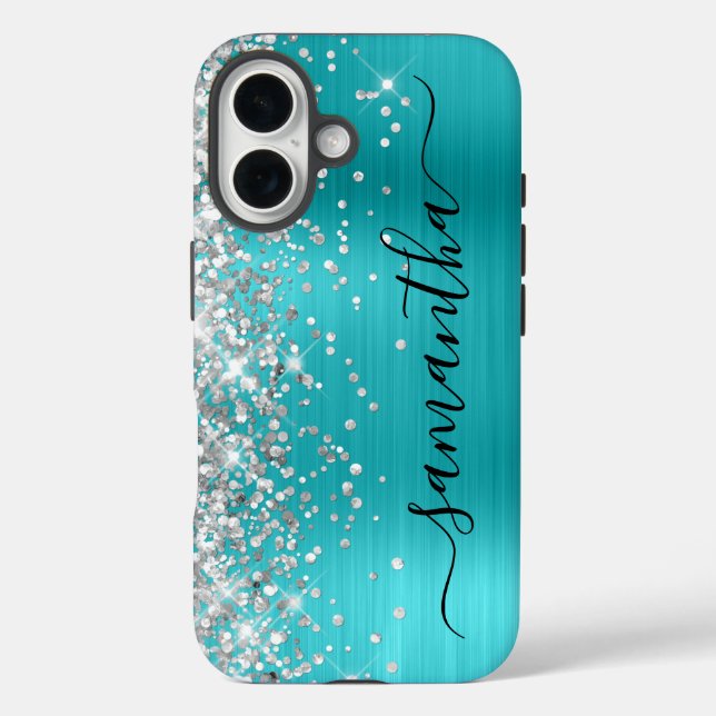 Funda iPhone 16 Purpurina plateado Aqua Blue Metallic Girly Signat (Reverso )