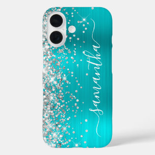 Funda iPhone 16 Purpurina plateado Aqua Blue Metallic Girly Signat