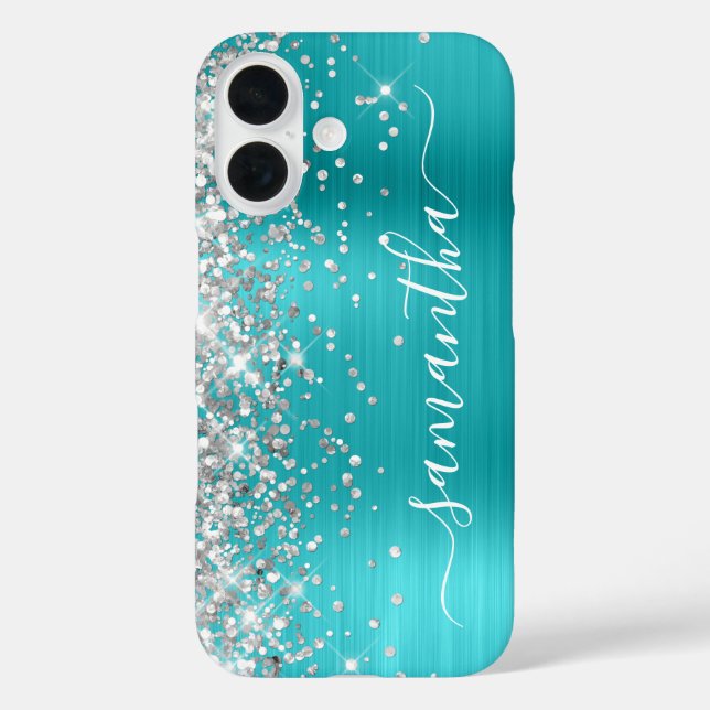 Funda iPhone 16 Purpurina plateado Aqua Blue Metallic Girly Signat (Reverso )