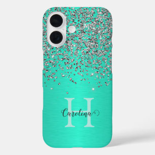 Funda iPhone 16 Purpurina plateado, Cepillo de acero Verde azulado