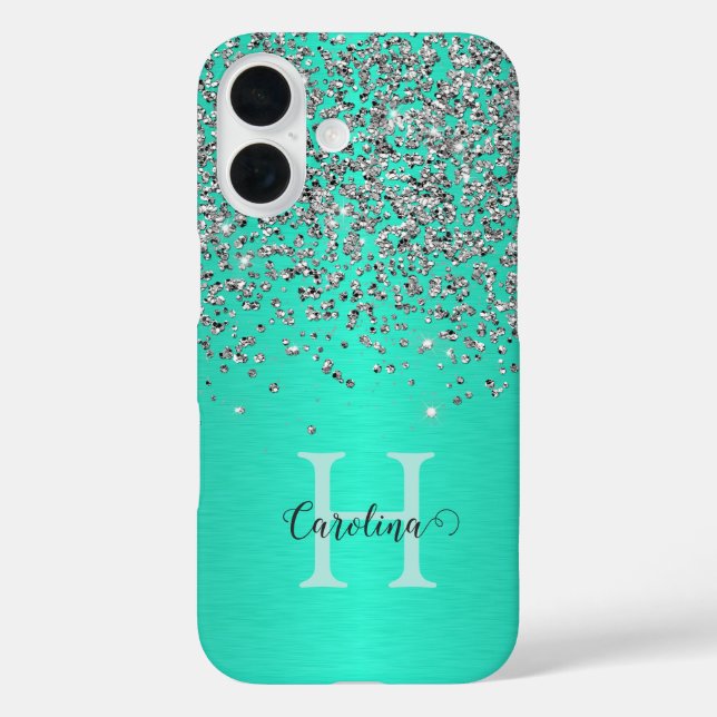 Funda iPhone 16 Purpurina plateado, Cepillo de acero Verde azulado (Reverso )