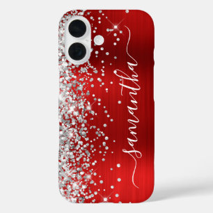 Funda iPhone 16 Purpurina plateado Red Metallic Girly Signature
