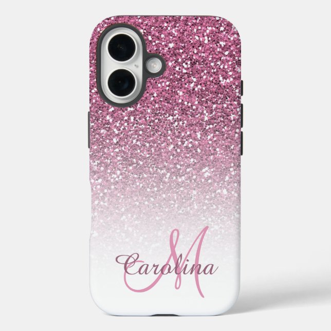 Funda iPhone 16 Purpurina rosa, nombre y monograma, Girly (Reverso )