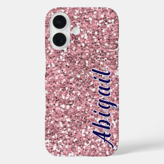 Funda iPhone 16 Purpurina rosa personalizado con su nombre.