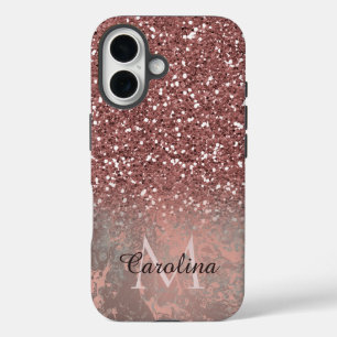 Funda iPhone 16 Purpurina rosado de oro Rosa, mármol gris, persona