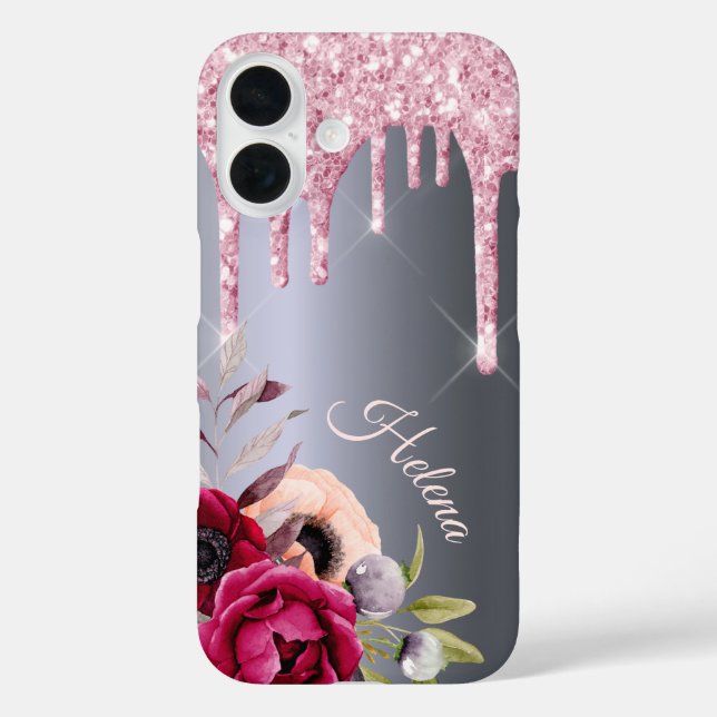 Funda iPhone 16 Purpurina rosado plateado gotea flores nombre (Reverso )
