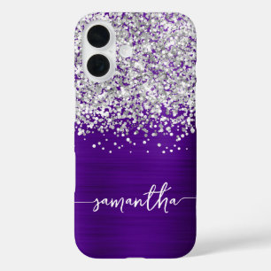 Funda iPhone 16 Purpurina Sparkly Silver Indigo Purple Glam Nombre