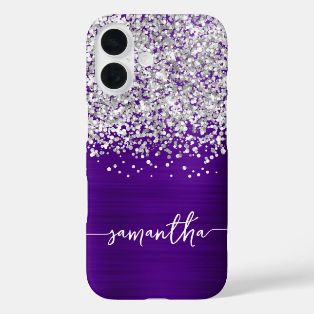 Funda iPhone 16 Purpurina Sparkly Silver Indigo Purple Glam Nombre (Reverso )