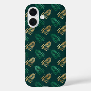 Funda iPhone 16 Purpurina verde y dorado en hojas tropicales