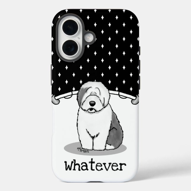 Funda iPhone 16 ¿Qué? Perro de oveja inglés viejo (gris 1) Gracios (Reverso )