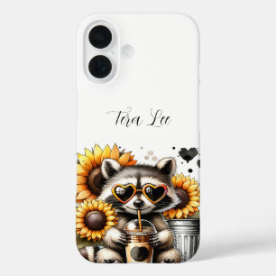 Funda iPhone 16 Racconón blanco y girasoles