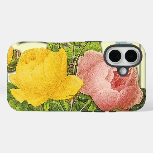 Funda iPhone 16 Ramo Botánico de Rosas Rosadas y Amarillas (Reverso (Horizontal))