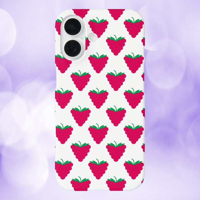 Funda iPhone 16 Raspberry Pink Fruit Berry Pattern (A phone case with a pattern of pink raspberries with green stems.)