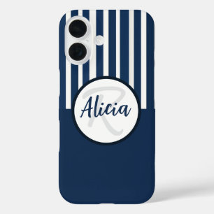 Funda iPhone 16 Rayas azules y blancas con bloque de color