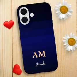 Funda iPhone 16 Rayas de color de gradiente azul oscuro con monogr