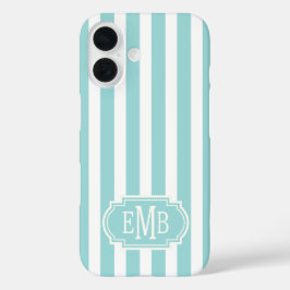 Funda iPhone 16 Rayas Monogramadas de Aqua y Blanco