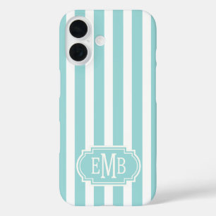 Funda iPhone 16 Rayas Monogramadas de Aqua y Blanco