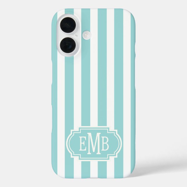 Funda iPhone 16 Rayas Monogramadas de Aqua y Blanco (Reverso )