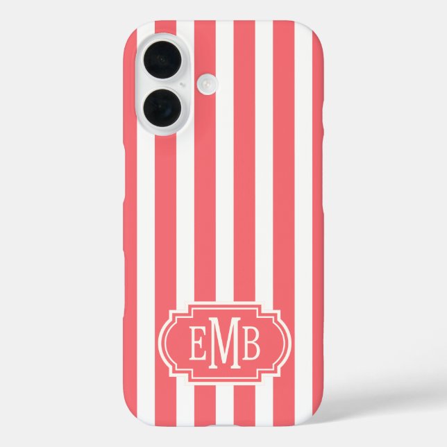 Funda iPhone 16 Rayas Monogramadas de Coral y Blanco (Reverso )