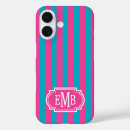 Funda iPhone 16 Rayas Monogramadas Rosa Fucsia y Turquesa