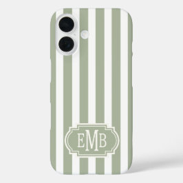 Funda iPhone 16 Rayas Monogramadas Verde Salvia y Blanco