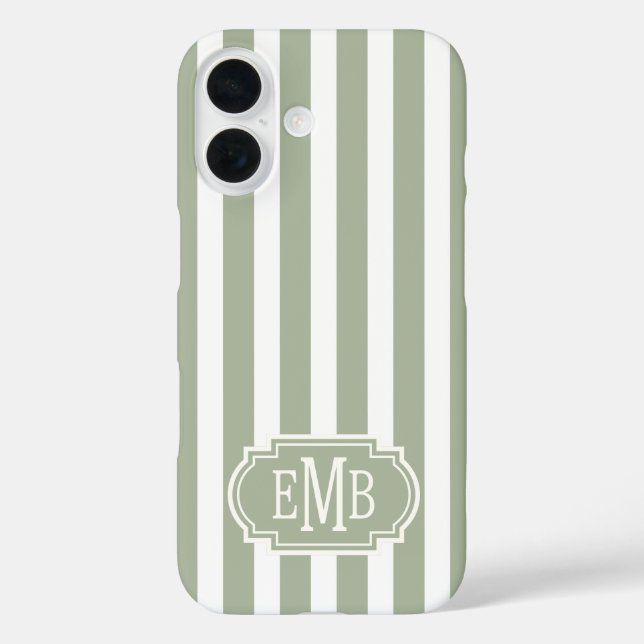 Funda iPhone 16 Rayas Monogramadas Verde Salvia y Blanco (Reverso )