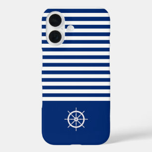 Funda iPhone 16 Rayas náuticas+Barcos Rueda Azul+Blanco