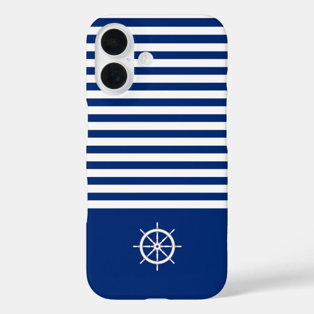 Funda iPhone 16 Rayas náuticas+Barcos Rueda Azul+Blanco (Reverso )