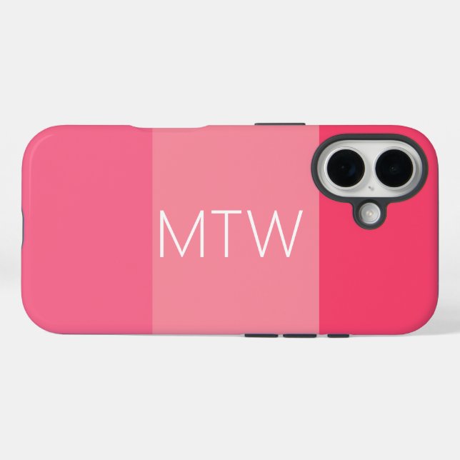 Funda iPhone 16 Rayas rosadas simples Monograma blanco (Reverso (Horizontal))